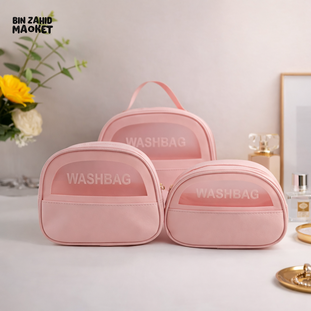 3-PIECE WASHBAG SET – ELEGANT MAKEUP & TOILETRY BAGS - PINK