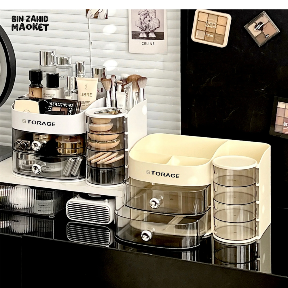 MAKEUP ORGANIZER WITH DRAWER & BRUSH HOLDER  VANITY STORAGE FOR SPONGES LIPSTICKS & COSMETICS