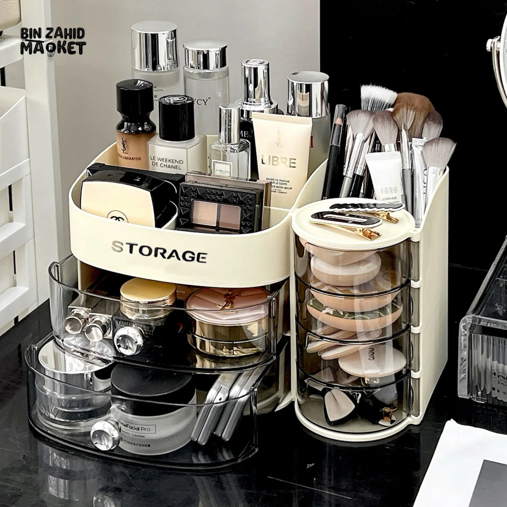 MAKEUP ORGANIZER WITH DRAWER & BRUSH HOLDER  VANITY STORAGE FOR SPONGES LIPSTICKS & COSMETICS
