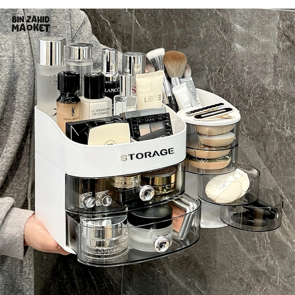 MAKEUP ORGANIZER WITH DRAWER & BRUSH HOLDER  VANITY STORAGE FOR SPONGES LIPSTICKS & COSMETICS