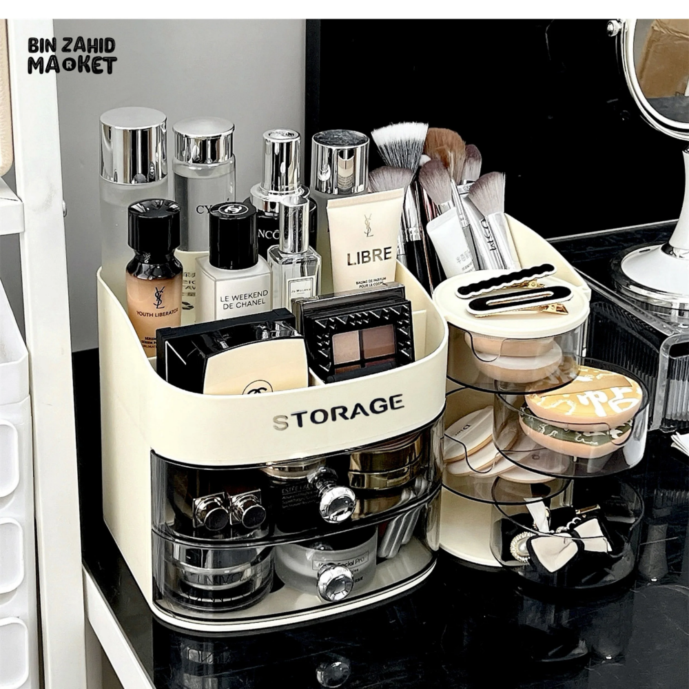 MAKEUP ORGANIZER WITH DRAWER & BRUSH HOLDER  VANITY STORAGE FOR SPONGES LIPSTICKS & COSMETICS